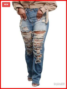 High Waisted Distressed Ripped Skinny Jeans Asymmetrical Waist Stretch